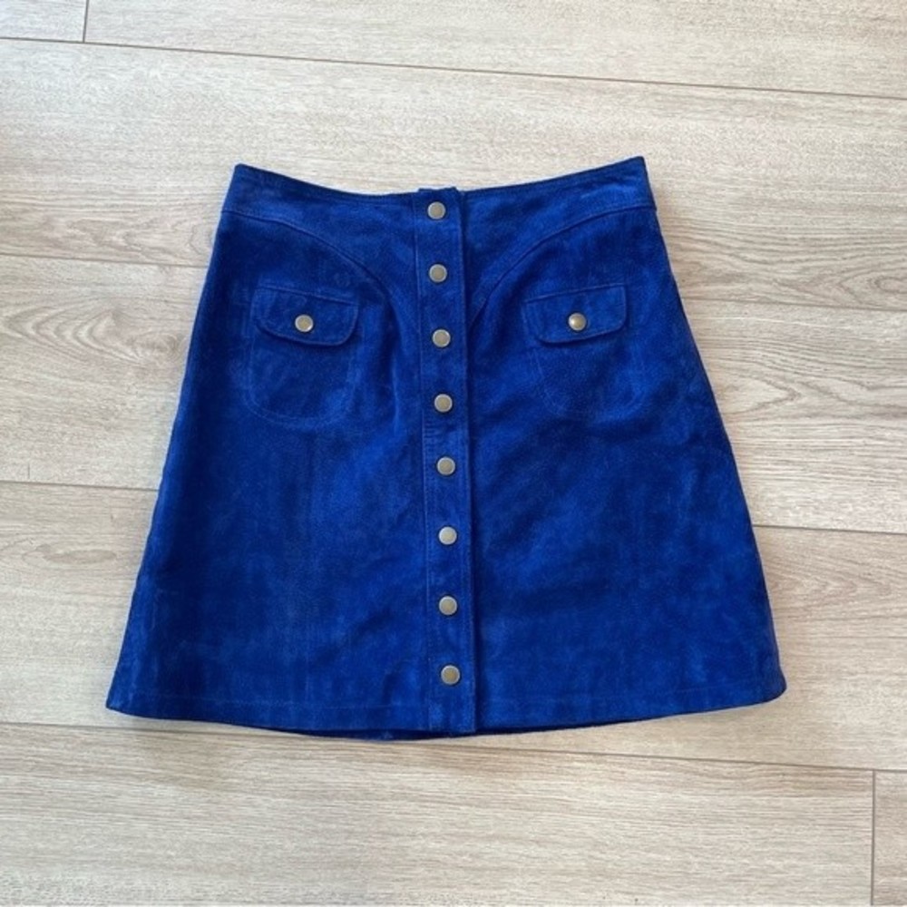 Anthropologie Navy Blue Leather Snap Down High Waisted Skirt Size 4